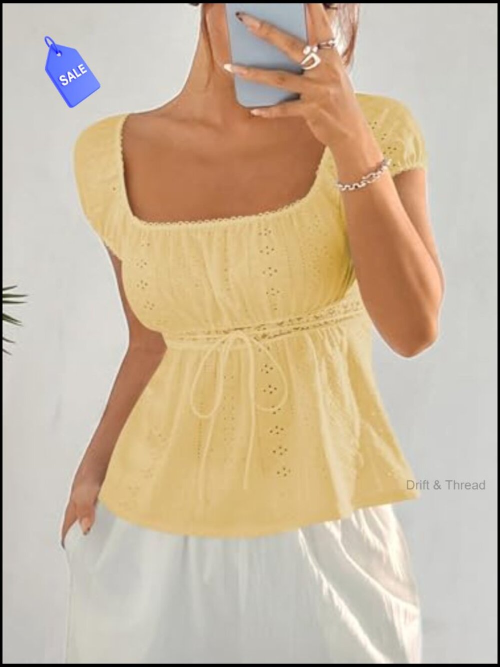 Women's Square Neck Short Sleeve Empire Waist Peplum Top T-Shirt Summer Blouse - Picture 3 of 6